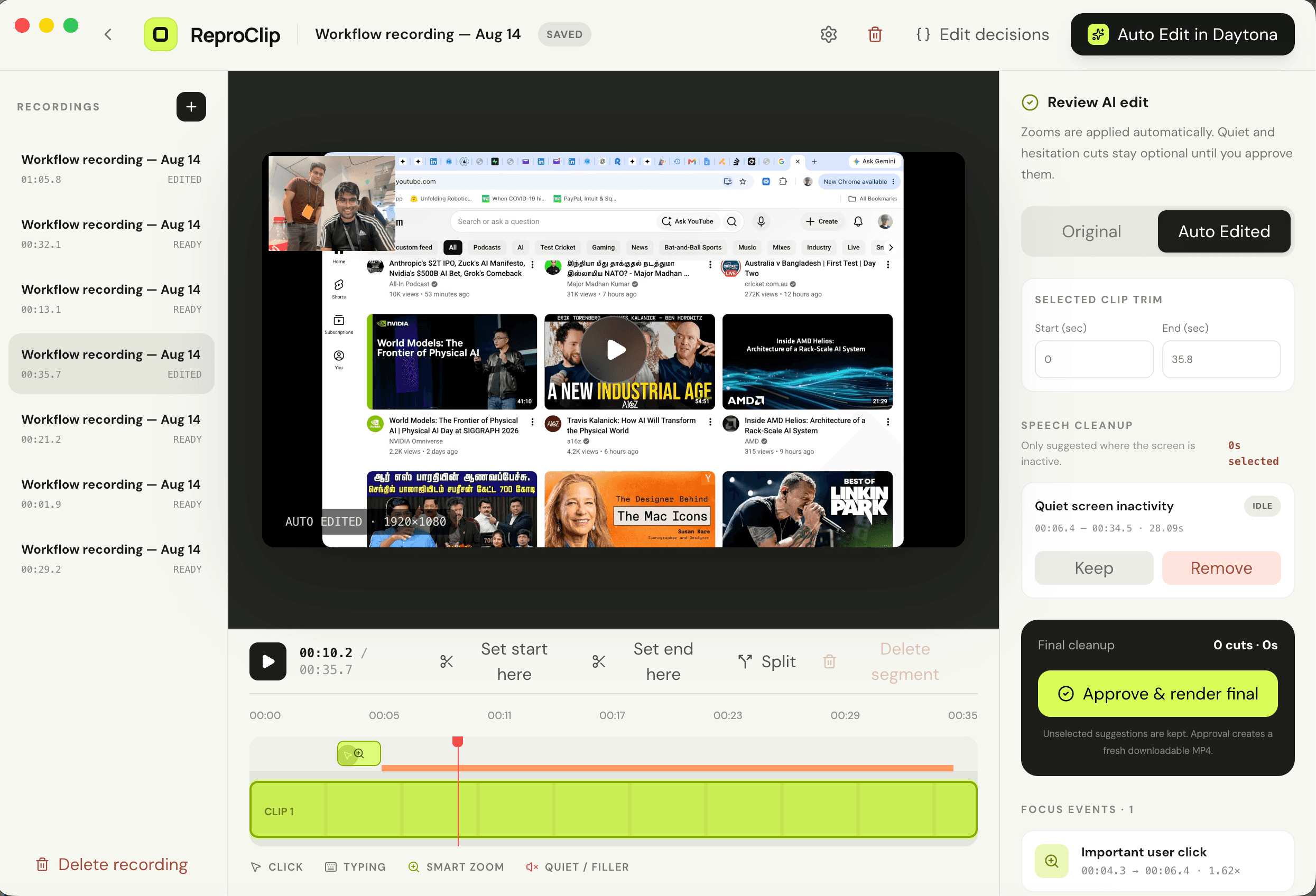 ReproClip editor reviewing automatic zooms and quiet-screen cleanup